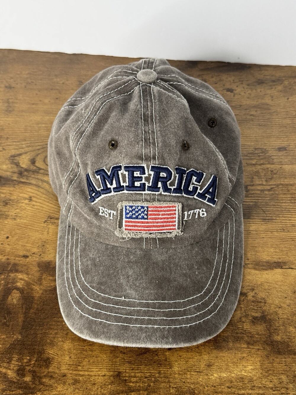 America EST 1776 USA Flag Embroidered Distressed Gray Adjustable Baseball Cap